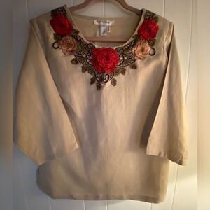 Lino Usa Blouse Women’s Medium Beige Linen Blend Embroidered Roses NWT